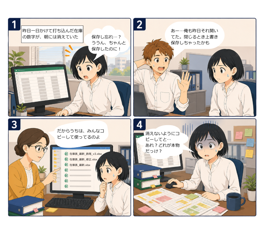 シーン1：朝、在庫表を開くと昨日の入力が消えている。鉄尾くんも同じファイルを開いて上書き保存していたと分かり、共有フォルダにはコピーが並んでいく4コマ