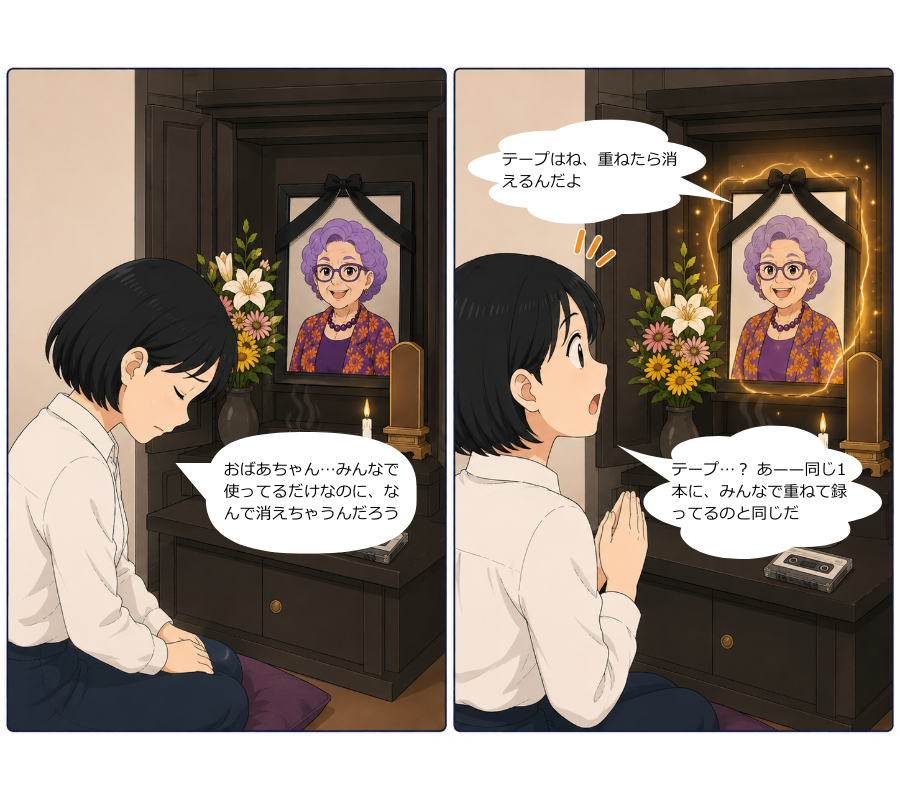 シーン2：夜、仏壇の前で肩を落とすあいに、遺影のおばあちゃんから『テープはね、重ねたら消えるんだよ』の声が届く2コマ