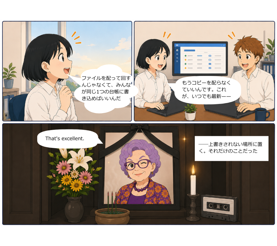 シーン3：全員が同じ台帳に同時に書き込める専用Webアプリにまとまり、あいと鉄尾くんが別々の端末から入力する。響子は得意げに『That's excellent.』