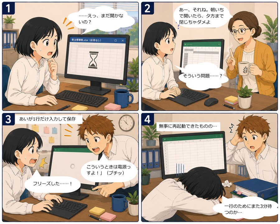 シーン1：受注管理表を開こうとするあい。3分待たされ、1行入力して保存するとフリーズ。強制終了で入力が消えてしまう4コマ