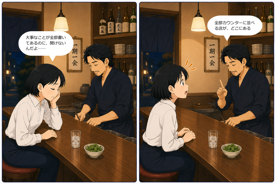 シーン2：仕事帰り、叔父・小津さんの居酒屋のカウンターであいが愚痴をこぼす。大将の小津さんが『全部カウンターに並べる店があるか』と返す2コマ