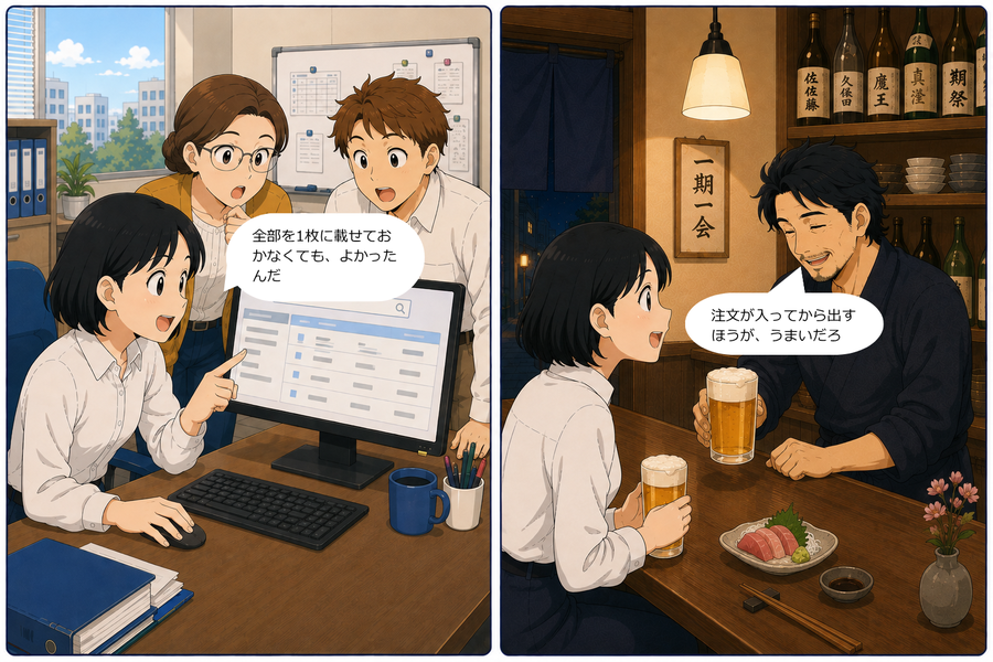 シーン3：受注データが専用Webアプリに移り、あいが検索欄に打ち込むと一瞬で必要な行だけが表示される。夜の居酒屋で小津さんがグラスを傾ける