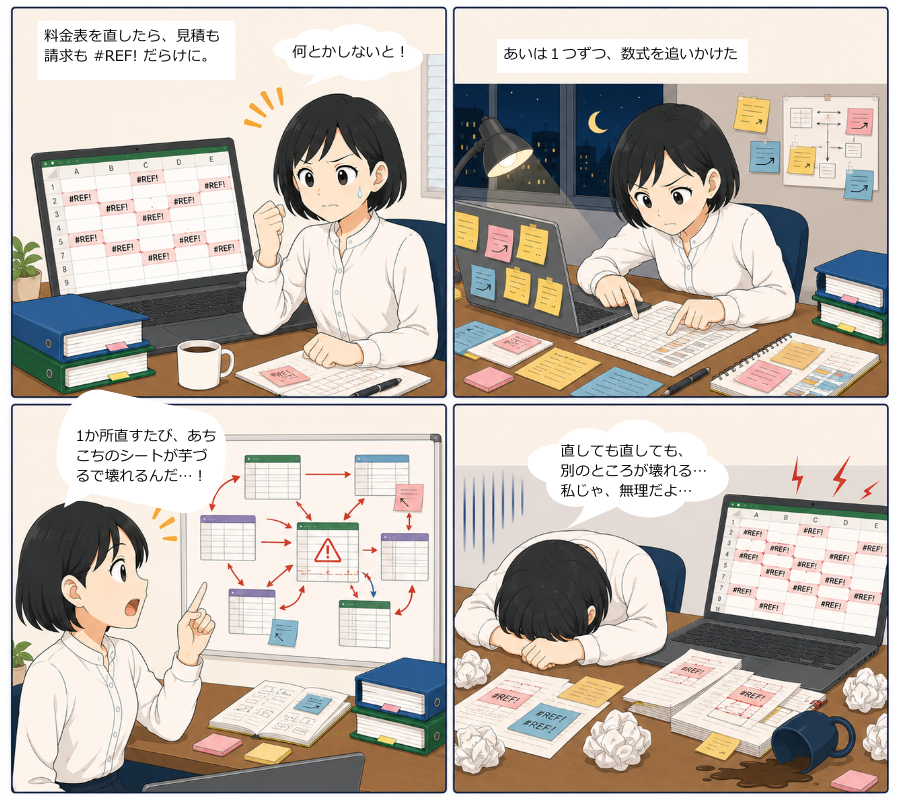 シーン1：あいが徹夜で数式を追い、原因を突き止めるも、直すそばから別のセルが壊れて力尽きる4コマ