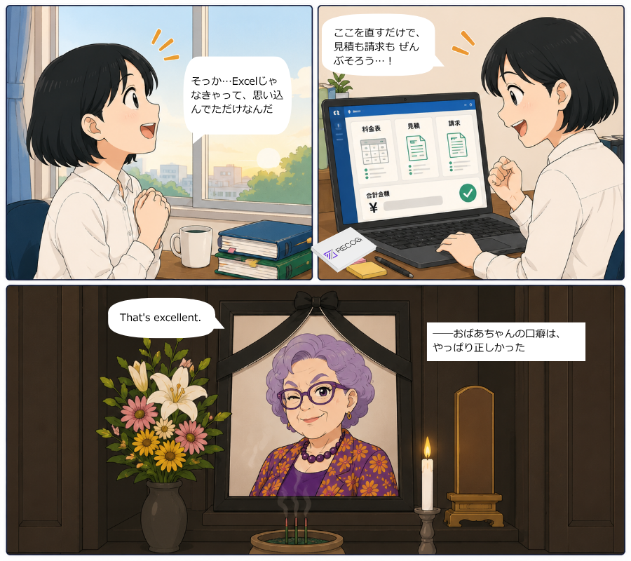 シーン3：Excelじゃなくてもいいと気づき、業務がひとつのWebアプリにまとまる。響子は得意げに『That's excellent.』