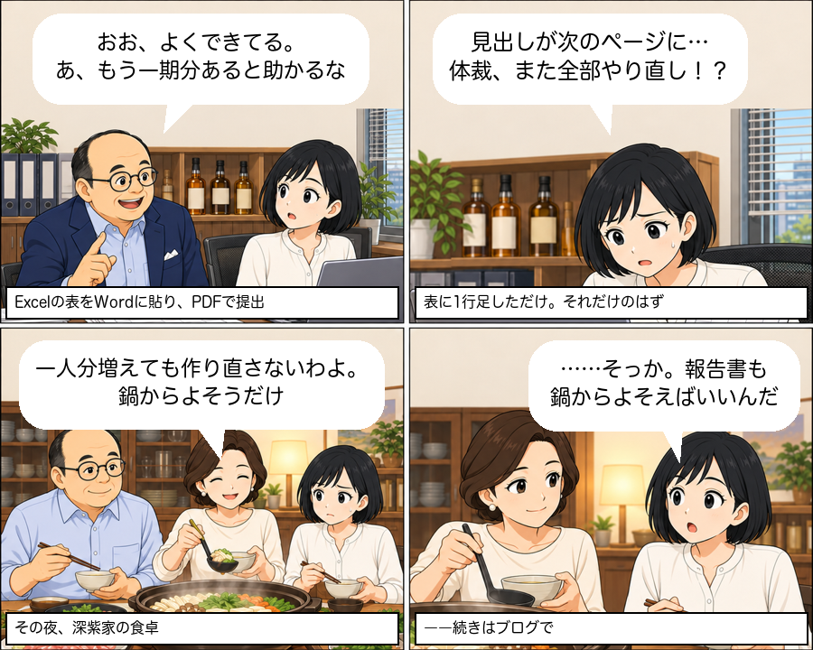 シーン1：社長に頼まれた報告書をExcelの表からWordに貼ってPDFで提出したあい。「もう一期分あると助かるな」と言われ、表に1行足しただけで見出しが次のページへ送られて体裁が崩れる。その夜、深紫家の食卓で母が「一人分増えても作り直さないわよ。鍋からよそうだけ」と言い、あいが気づく4コマ