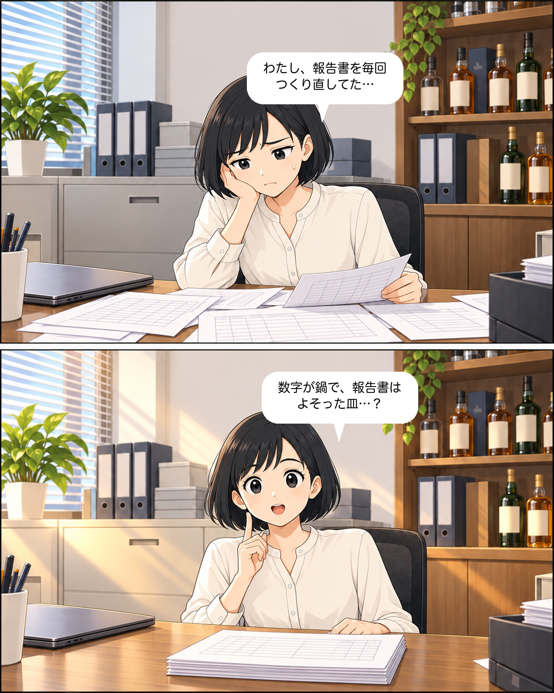 シーン2：翌朝の事務所。机にノートPCと紙の資料を広げたあいが「わたし、報告書を毎回つくり直してた」とつぶやき、続けて「数字が鍋で、報告書はよそった皿…？」と気づく2コマ