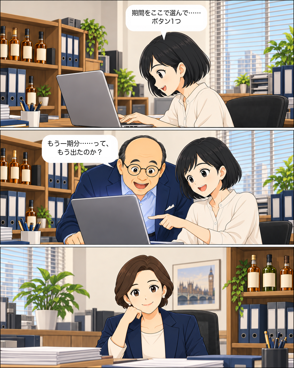 シーン3：専用アプリの画面で期間を選び「ボタン1つ」で報告書を出すあい。社長が画面をのぞき込んで「もう一期分……って、もう出たのか？」と驚き、自席の専務が静かに微笑む3コマ
