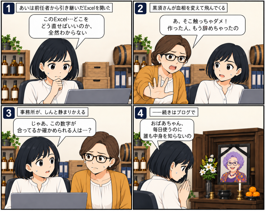シーン1：前任者から引き継いだExcelを開いたあいが、どこを直せばいいか分からず戸惑う。黒須さんが「そこ触っちゃダメ」と止め、あいが「合ってるか確かめられる人は」と聞くと事務所が静まりかえる4コマ