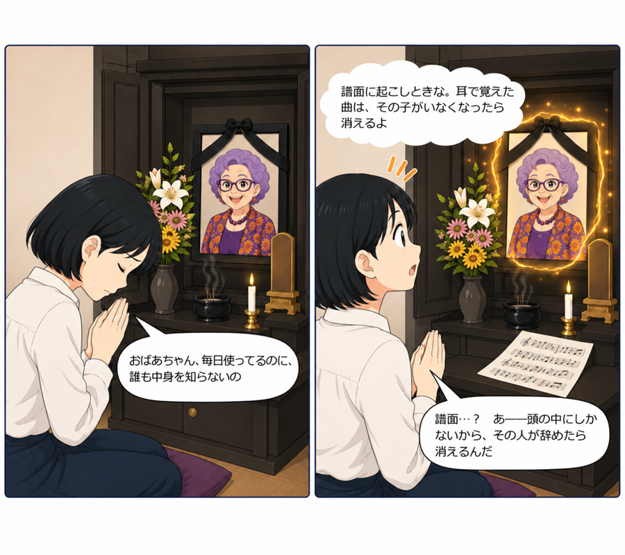 シーン2：夜、仏壇の前で手を合わせるあい。「誰も中身を知らないの」とこぼすと、遺影のおばあちゃんが光り「譜面に起こしときな」と助言する2コマ